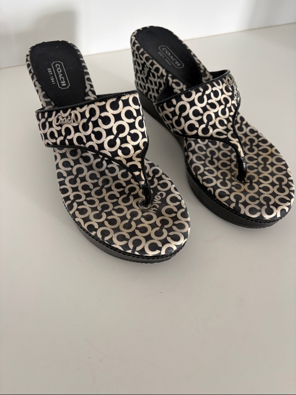 Coach Black & Cream Logo Wedge Thong Sandals